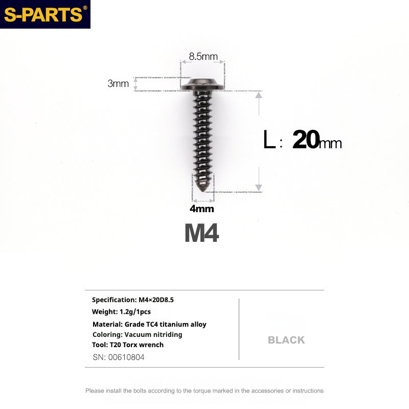 S-PARTS A3 M4 Umbrella Head Self-Tapping Titanium Screws — L12–30mm D8.5 L20mm Black