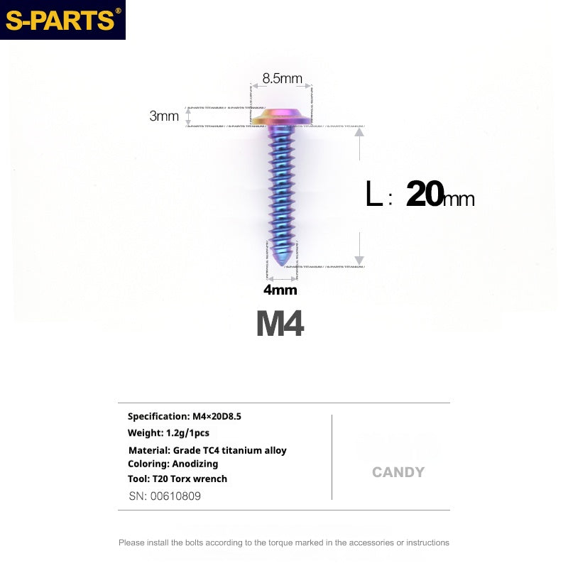S-PARTS A3 M4 Umbrella Head Self-Tapping Titanium Screws — L12–30mm D8.5 L20mm Candy