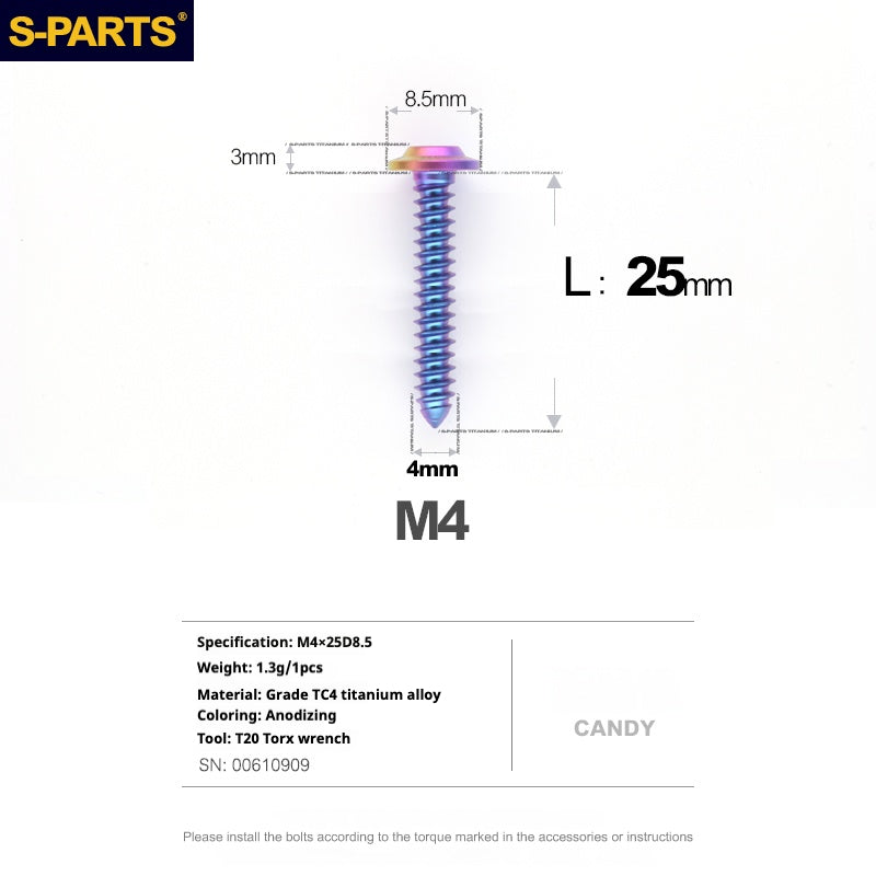 S-PARTS A3 M4 Umbrella Head Self-Tapping Titanium Screws — L12–30mm D8.5 L25mm Candy