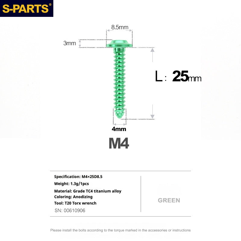 S-PARTS A3 M4 Umbrella Head Self-Tapping Titanium Screws — L12–30mm D8.5 L25mm Green