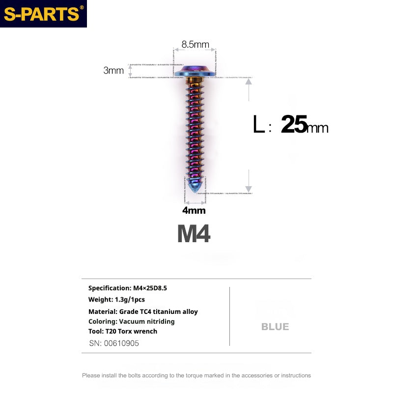 S-PARTS A3 M4 Umbrella Head Self-Tapping Titanium Screws — L12–30mm D8.5 L25mm Blue