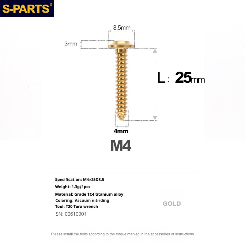 S-PARTS A3 M4 Umbrella Head Self-Tapping Titanium Screws — L12–30mm D8.5 L25mm Gold