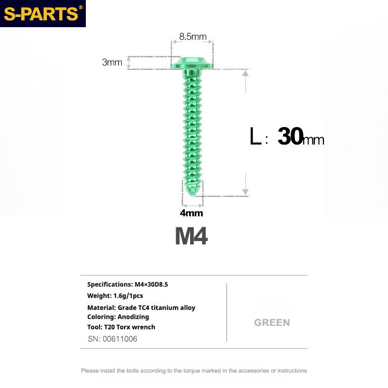 S-PARTS A3 M4 Umbrella Head Self-Tapping Titanium Screws — L12–30mm D8.5 L30mm Green