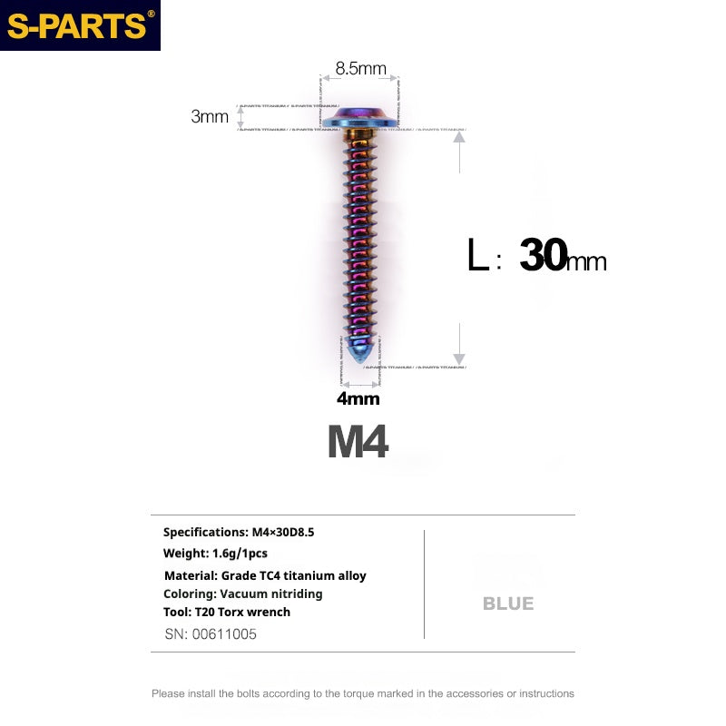 S-PARTS A3 M4 Umbrella Head Self-Tapping Titanium Screws — L12–30mm D8.5 L30mm Blue