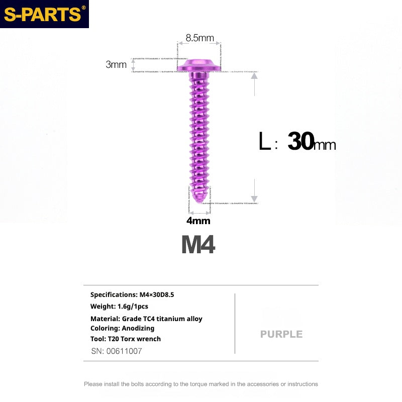 S-PARTS A3 M4 Umbrella Head Self-Tapping Titanium Screws — L12–30mm D8.5 L30mm Purple
