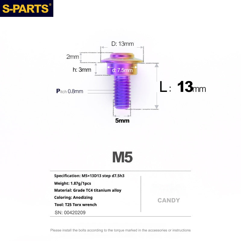 S-PARTS A3 M5 Umbrella Head Step Titanium Screws — Multiple Configurations M5 L13 D13 step screws D7.5 H3
