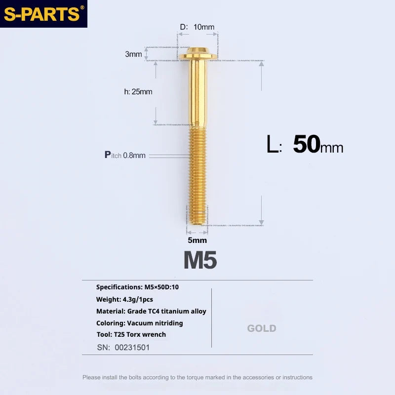 S-PARTS A3 Umbrella Head M5 L06-55mm D10 Motorcycle Electric Vehicle Titanium Screw