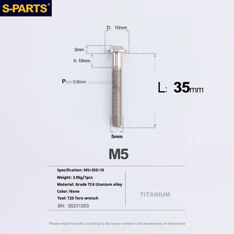 S-PARTS A3 Umbrella Head M5 L06-55mm D10 Motorcycle Electric Vehicle Titanium Screw