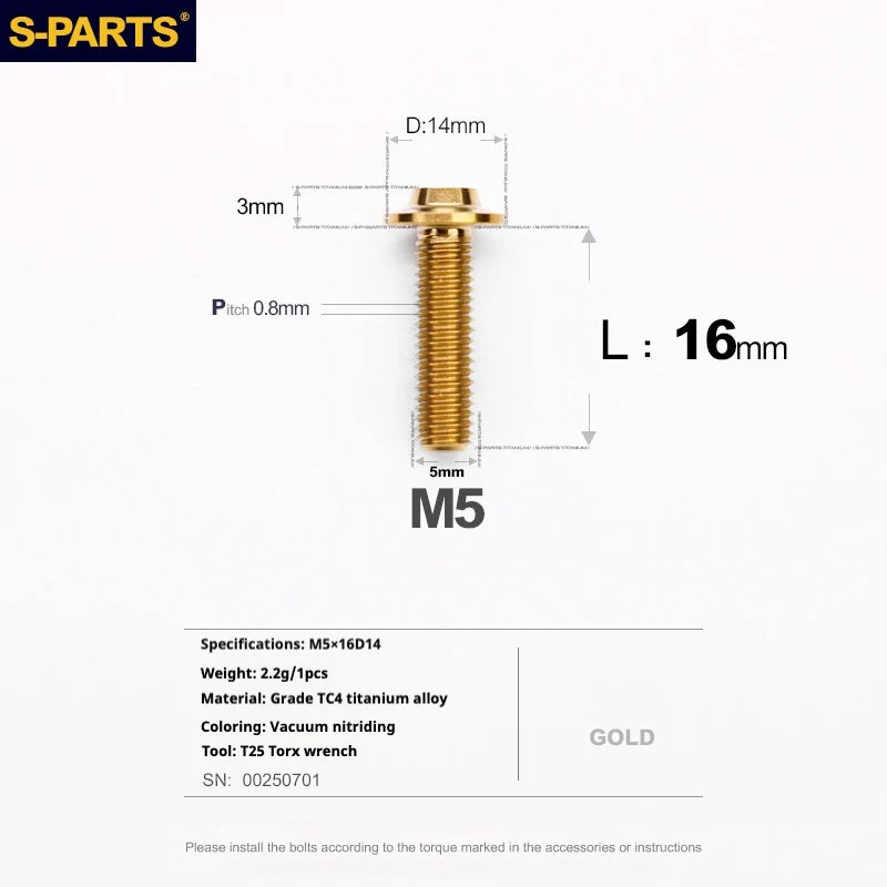 S-PARTS A3 Umbrella Head Series M5 L12-20mm D14 Titanium Screws for Motorcycles and Bikes