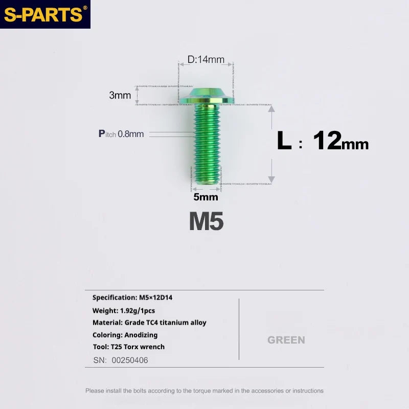 S-PARTS A3 Umbrella Head Series M5 L12-20mm D14 Titanium Screws for Motorcycles and Bikes