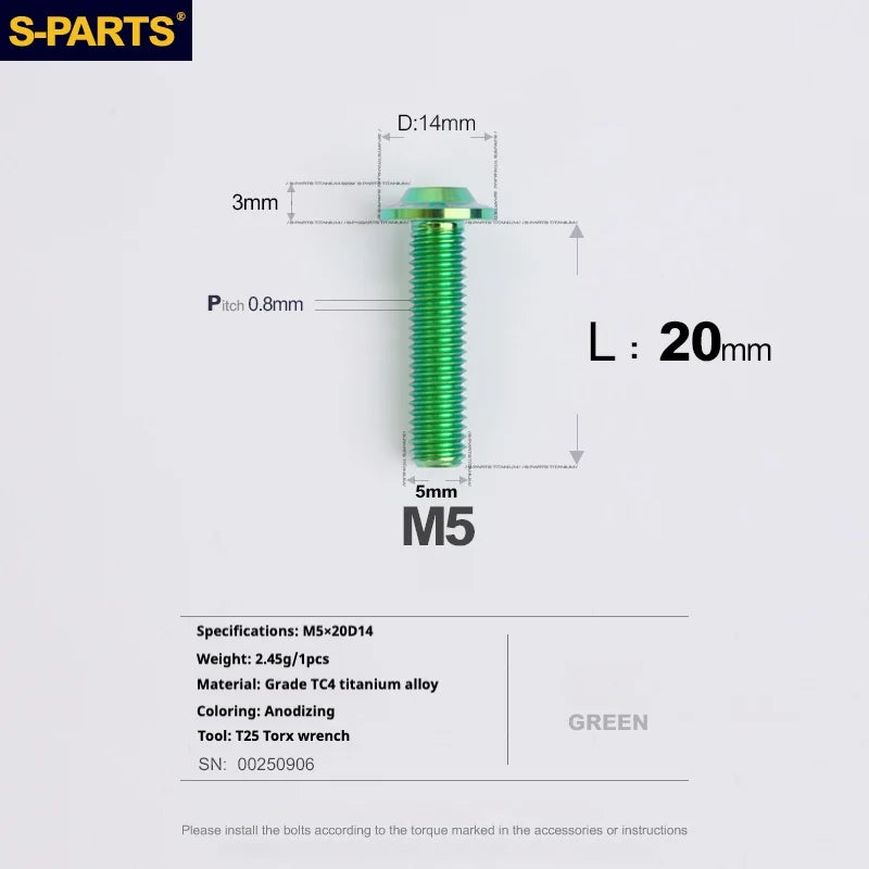 S-PARTS A3 Umbrella Head Series M5 L12-20mm D14 Titanium Screws for Motorcycles and Bikes