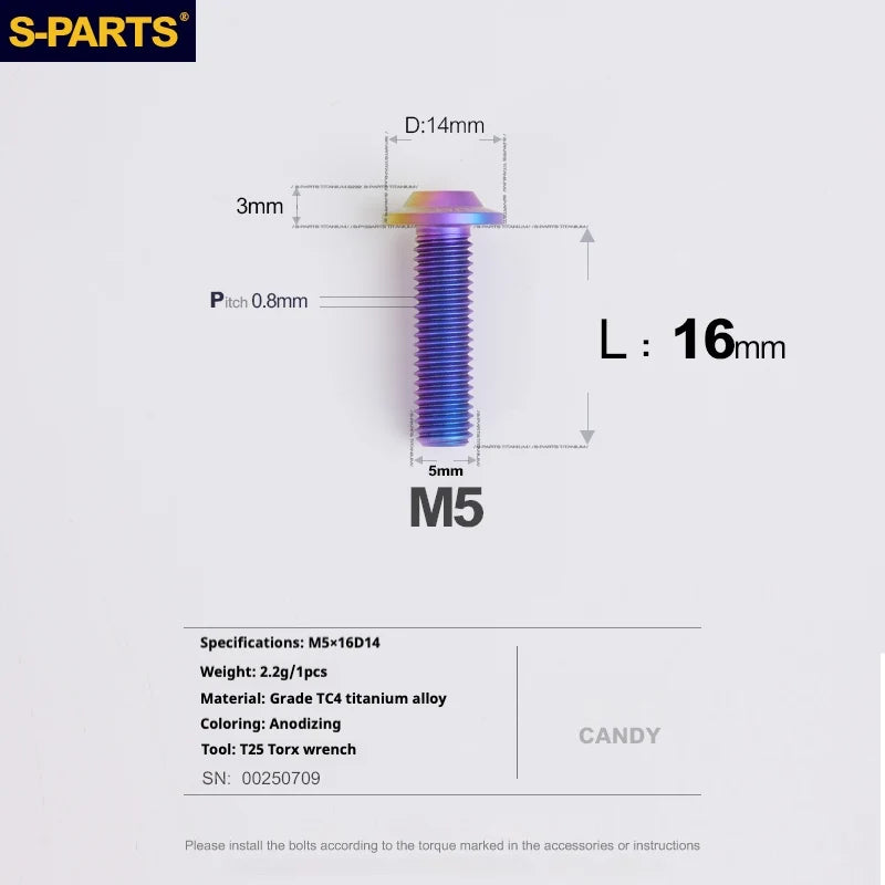 S-PARTS A3 Umbrella Head Series M5 L12-20mm D14 Titanium Screws for Motorcycles and Bikes