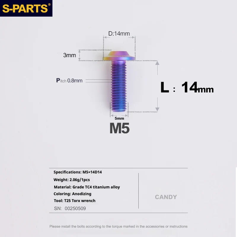 S-PARTS A3 Umbrella Head Series M5 L12-20mm D14 Titanium Screws for Motorcycles and Bikes