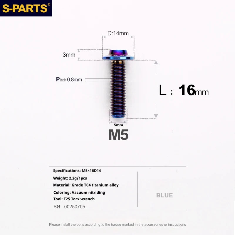 S-PARTS A3 Umbrella Head Series M5 L12-20mm D14 Titanium Screws for Motorcycles and Bikes
