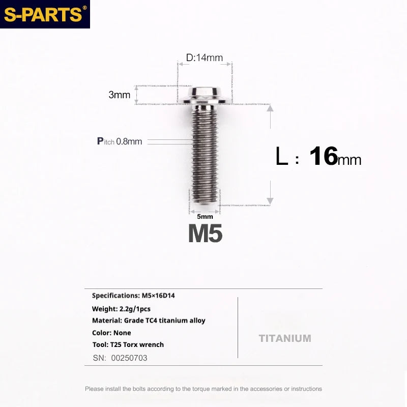 S-PARTS A3 Umbrella Head Series M5 L12-20mm D14 Titanium Screws for Motorcycles and Bikes