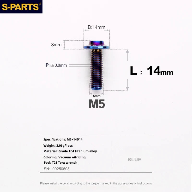 S-PARTS A3 Umbrella Head Series M5 L12-20mm D14 Titanium Screws for Motorcycles and Bikes