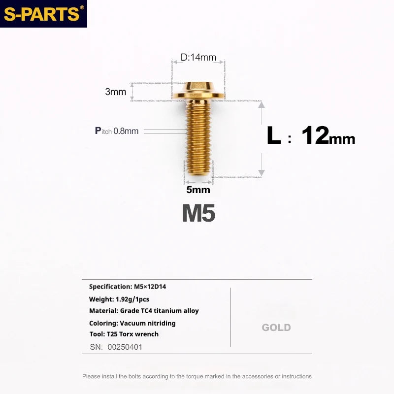 S-PARTS A3 Umbrella Head Series M5 L12-20mm D14 Titanium Screws for Motorcycles and Bikes