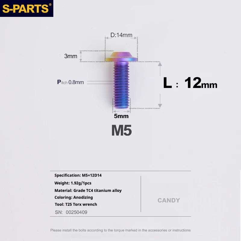 S-PARTS A3 Umbrella Head Series M5 L12-20mm D14 Titanium Screws for Motorcycles and Bikes