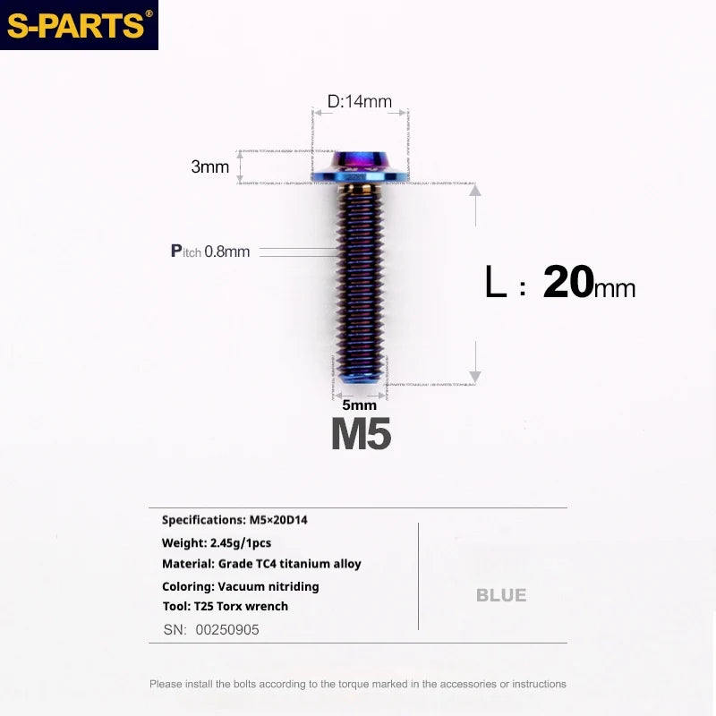 S-PARTS A3 Umbrella Head Series M5 L12-20mm D14 Titanium Screws for Motorcycles and Bikes