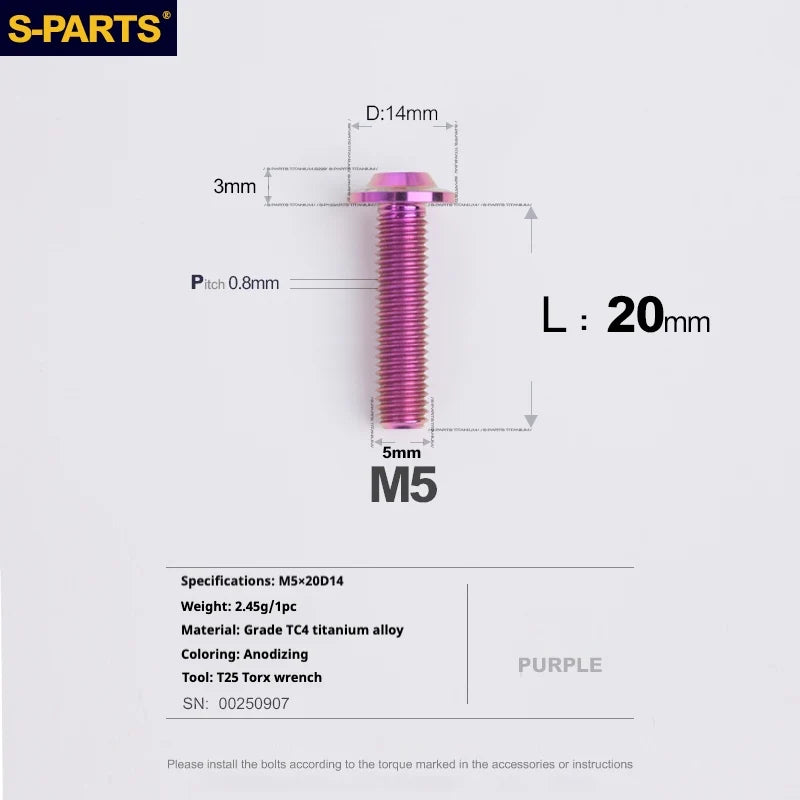S-PARTS A3 Umbrella Head Series M5 L12-20mm D14 Titanium Screws for Motorcycles and Bikes