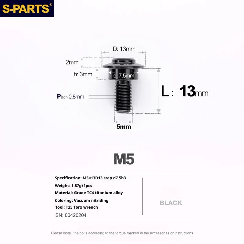 S-PARTS A3 Umbrella Head Step Series M5 Black Titanium Screws for Motorcycles and Cars