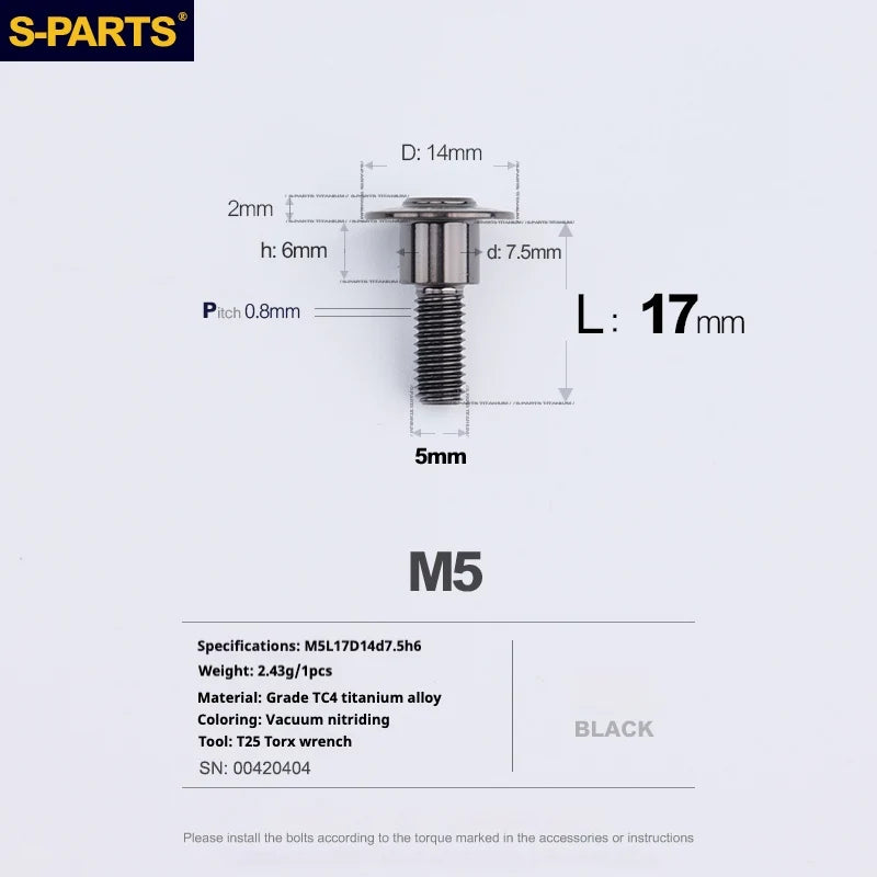 S-PARTS A3 Umbrella Head Step Series M5 Black Titanium Screws for Motorcycles and Cars