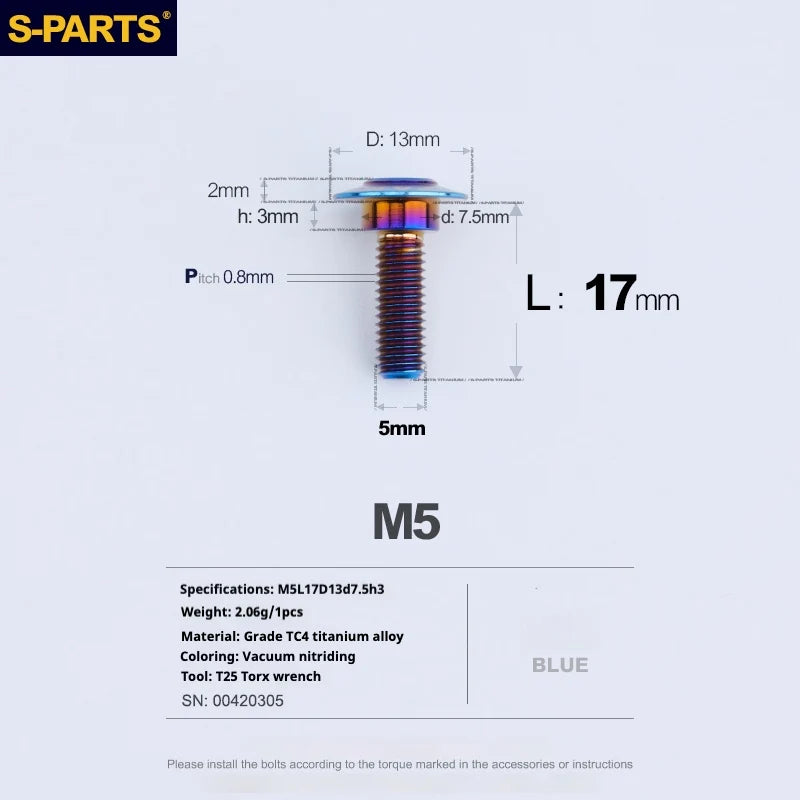 S-PARTS A3 Umbrella Head Step Series M5 Blue Titanium Screws for Motorcycles and Cars