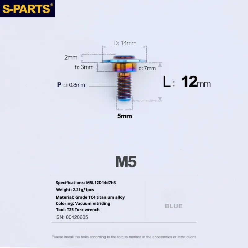 S-PARTS A3 Umbrella Head Step Series M5 Blue Titanium Screws for Motorcycles and Cars