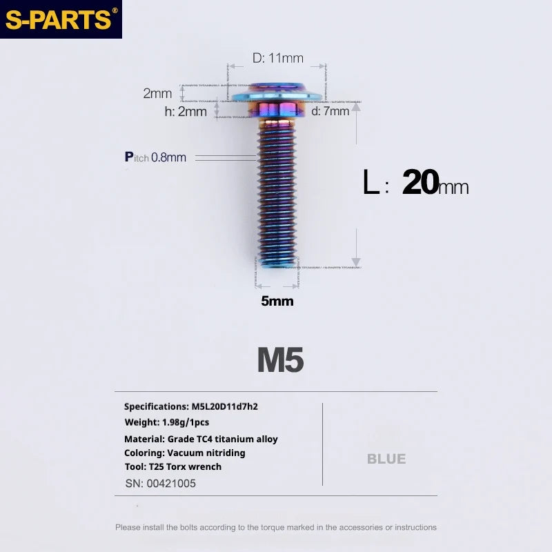 S-PARTS A3 Umbrella Head Step Series M5 Blue Titanium Screws for Motorcycles and Cars