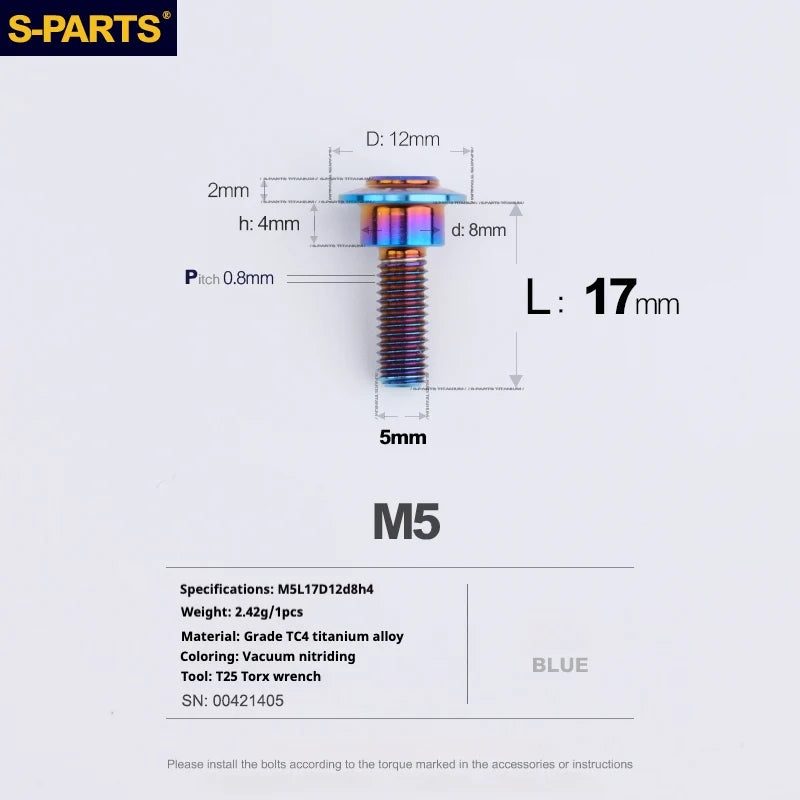 S-PARTS A3 Umbrella Head Step Series M5 Blue Titanium Screws for Motorcycles and Cars