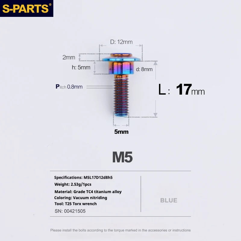S-PARTS A3 Umbrella Head Step Series M5 Blue Titanium Screws for Motorcycles and Cars