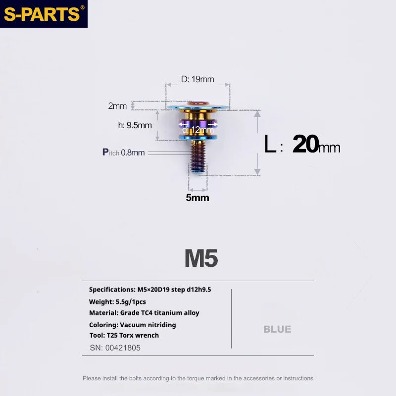S-PARTS A3 Umbrella Head Step Series M5 Blue Titanium Screws for Motorcycles and Cars