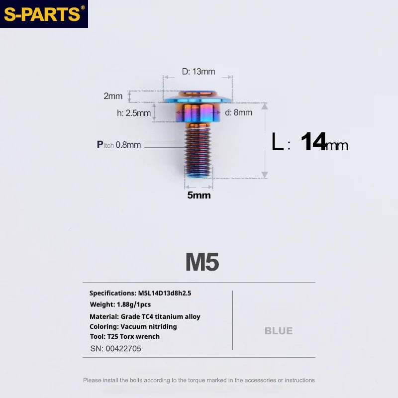S-PARTS A3 Umbrella Head Step Series M5 Blue Titanium Screws for Motorcycles and Cars