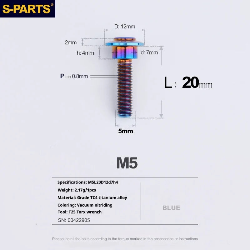 S-PARTS A3 Umbrella Head Step Series M5 Blue Titanium Screws for Motorcycles and Cars