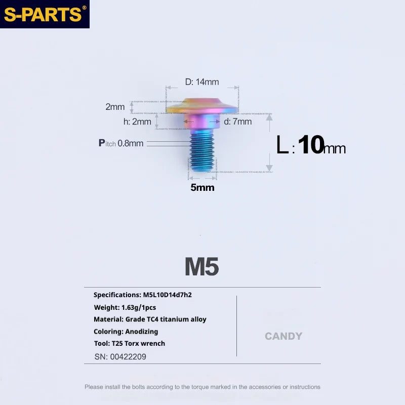 S-PARTS A3 Umbrella Head Step Series M5 Candy Color Titanium Screws for Motorcycles and Cars