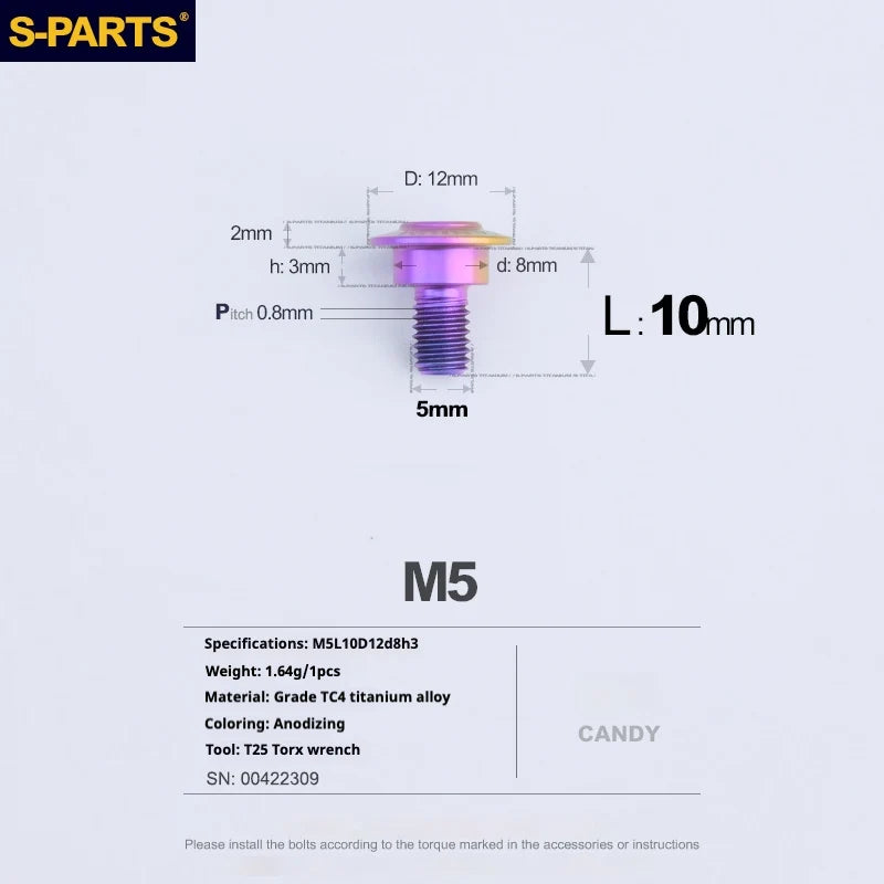 S-PARTS A3 Umbrella Head Step Series M5 Candy Color Titanium Screws for Motorcycles and Cars