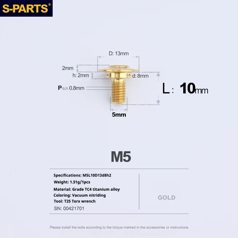 S-PARTS A3 Umbrella Head Step Series M5 Gold Titanium Screws for Motorcycles and Cars