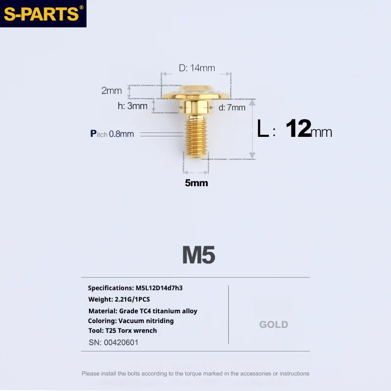 S-PARTS A3 Umbrella Head Step Series M5 Gold Titanium Screws for Motorcycles and Cars