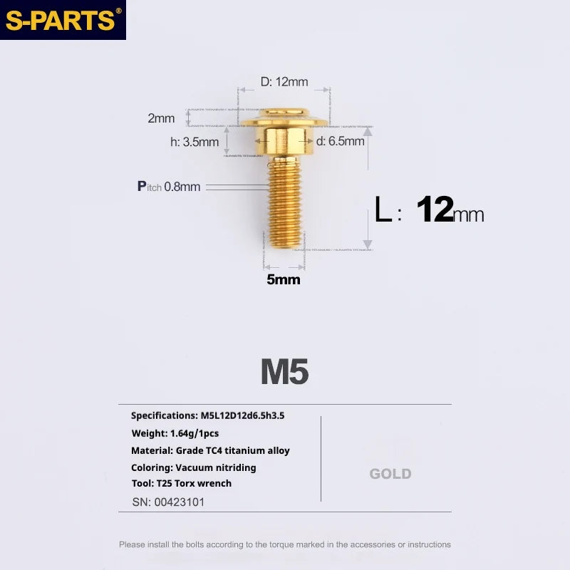 S-PARTS A3 Umbrella Head Step Series M5 Gold Titanium Screws for Motorcycles and Cars