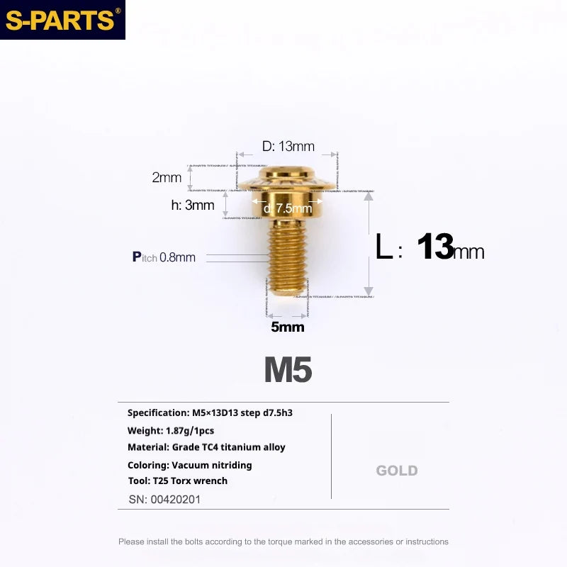 S-PARTS A3 Umbrella Head Step Series M5 Gold Titanium Screws for Motorcycles and Cars