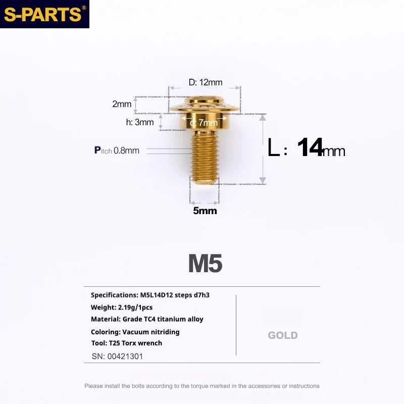 S-PARTS A3 Umbrella Head Step Series M5 Gold Titanium Screws for Motorcycles and Cars