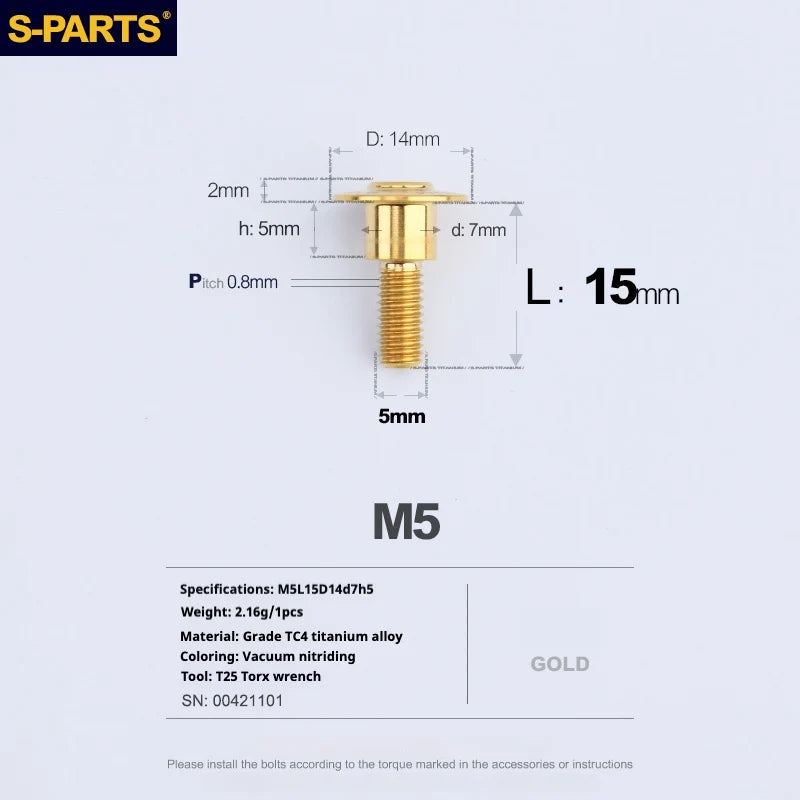 S-PARTS A3 Umbrella Head Step Series M5 Gold Titanium Screws for Motorcycles and Cars