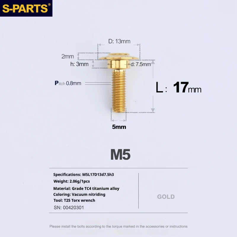 S-PARTS A3 Umbrella Head Step Series M5 Gold Titanium Screws for Motorcycles and Cars