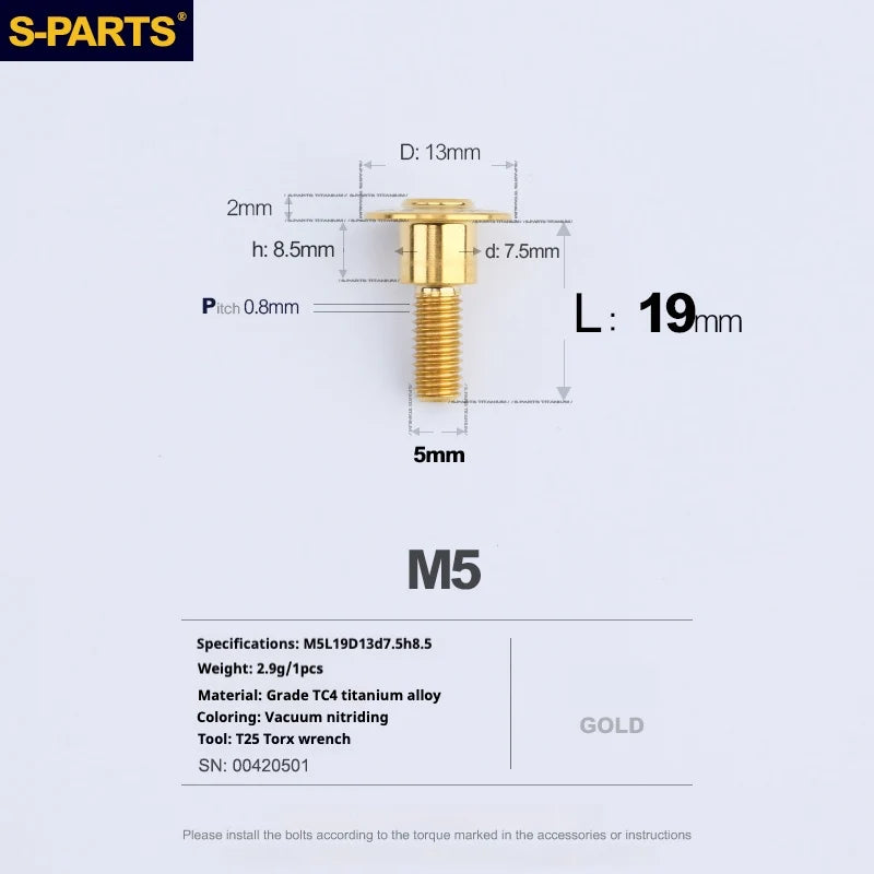 S-PARTS A3 Umbrella Head Step Series M5 Gold Titanium Screws for Motorcycles and Cars