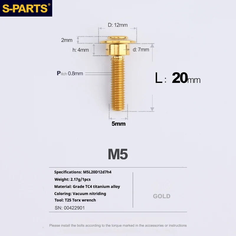 S-PARTS A3 Umbrella Head Step Series M5 Gold Titanium Screws for Motorcycles and Cars