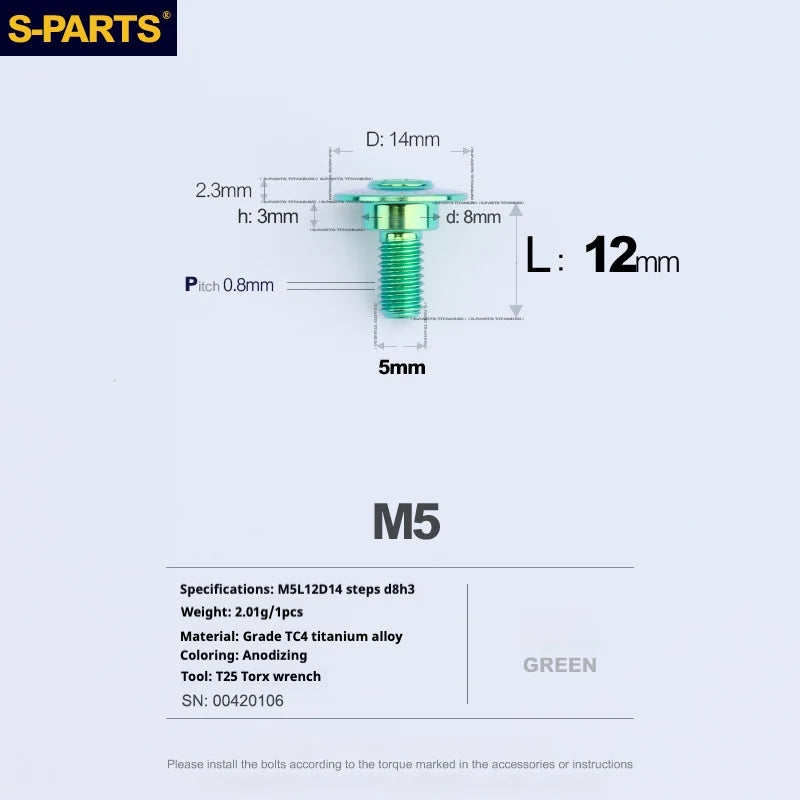 S-PARTS A3 Umbrella Head Step Series M5 Green Titanium Screws for Motorcycles and Cars