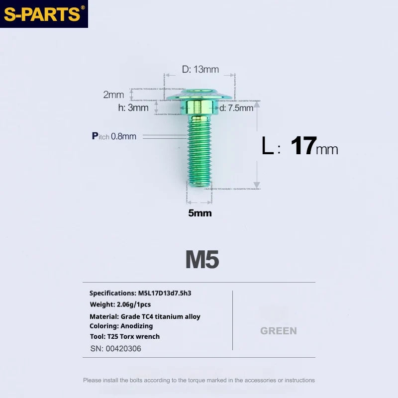 S-PARTS A3 Umbrella Head Step Series M5 Green Titanium Screws for Motorcycles and Cars