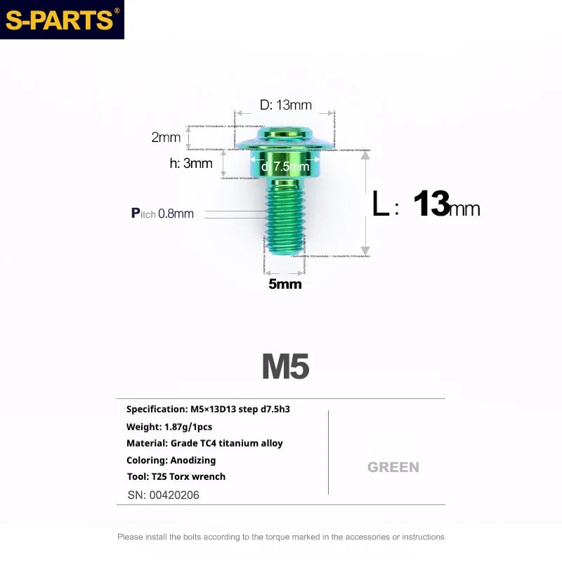 S-PARTS A3 Umbrella Head Step Series M5 Green Titanium Screws for Motorcycles and Cars