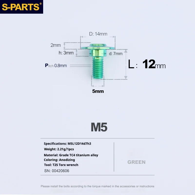 S-PARTS A3 Umbrella Head Step Series M5 Green Titanium Screws for Motorcycles and Cars