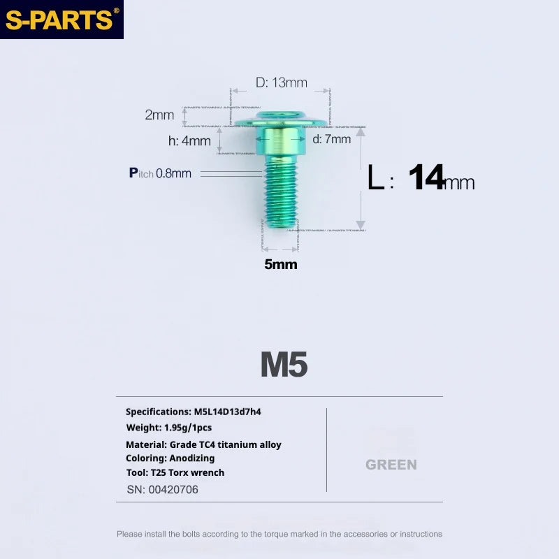 S-PARTS A3 Umbrella Head Step Series M5 Green Titanium Screws for Motorcycles and Cars